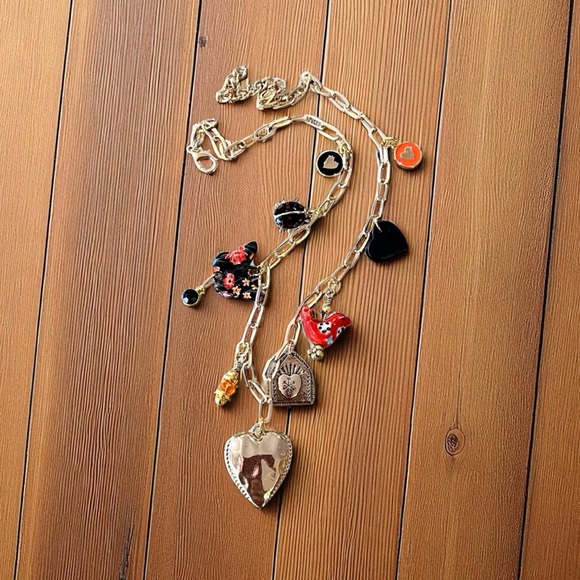 Charming Gold Toned Heart Necklace with Colorful Charms Ceramic Wood Enamel - Picture 14 of 14
